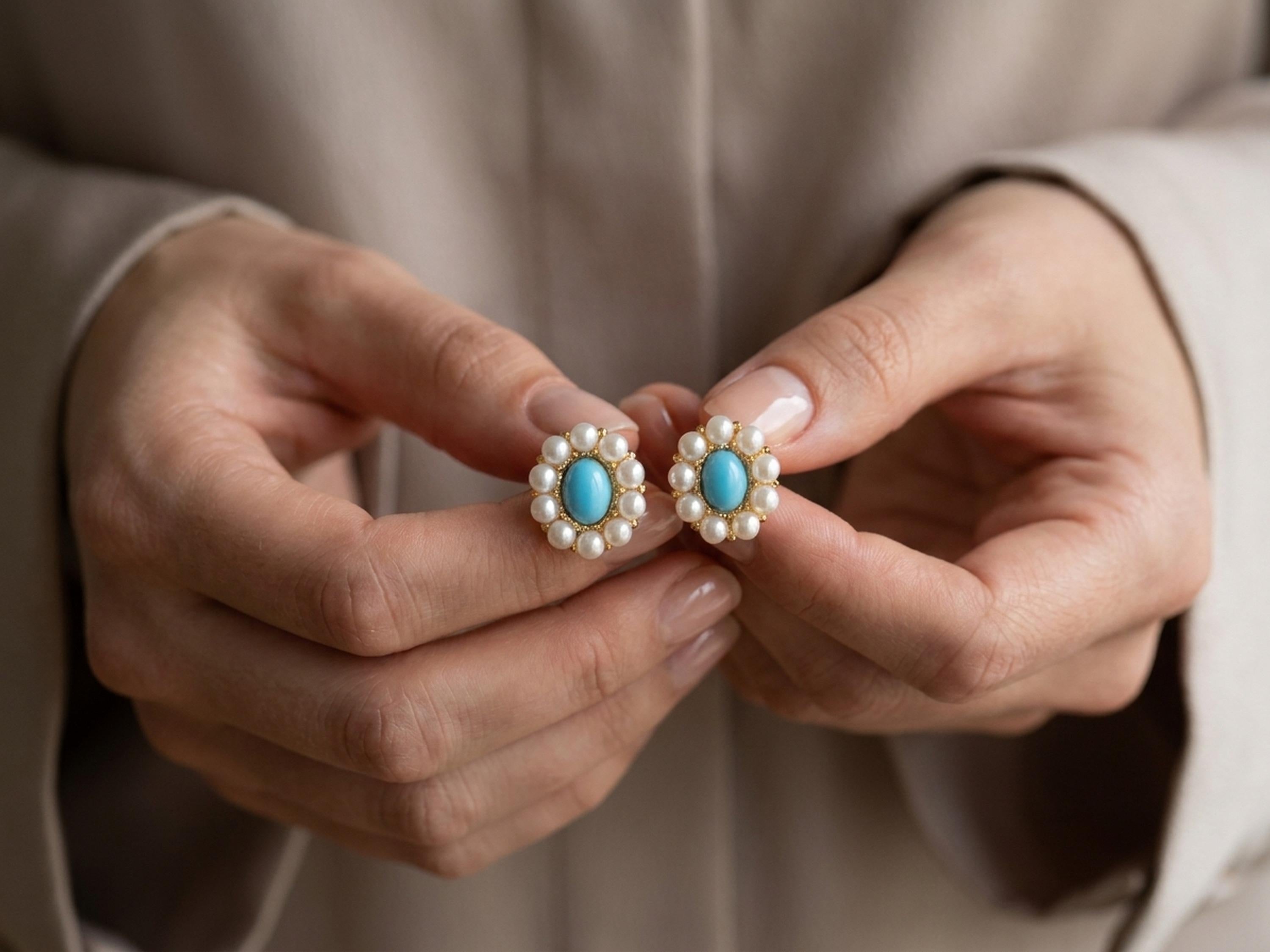 Pearl earrings listing image - Editorial hands shot