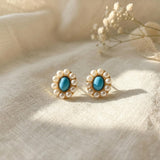 Turquoise Blue Stone Pearl Stud Earrings - Vintage Floral Cluster, Gold Tone Statement Gift