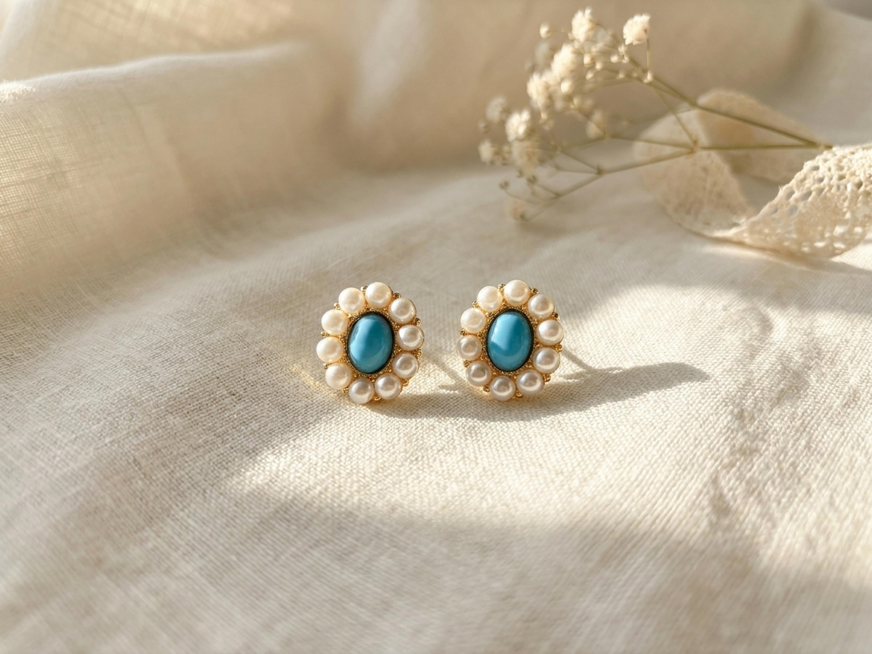 Turquoise Blue Stone Pearl Stud Earrings - Vintage Floral Cluster, Gold Tone Statement Gift