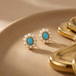 Turquoise Blue Stone Pearl Stud Earrings - Vintage Floral Cluster, Gold Tone Statement Gift