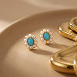 Turquoise Blue Stone Pearl Stud Earrings - Vintage Floral Cluster, Gold Tone Statement Gift