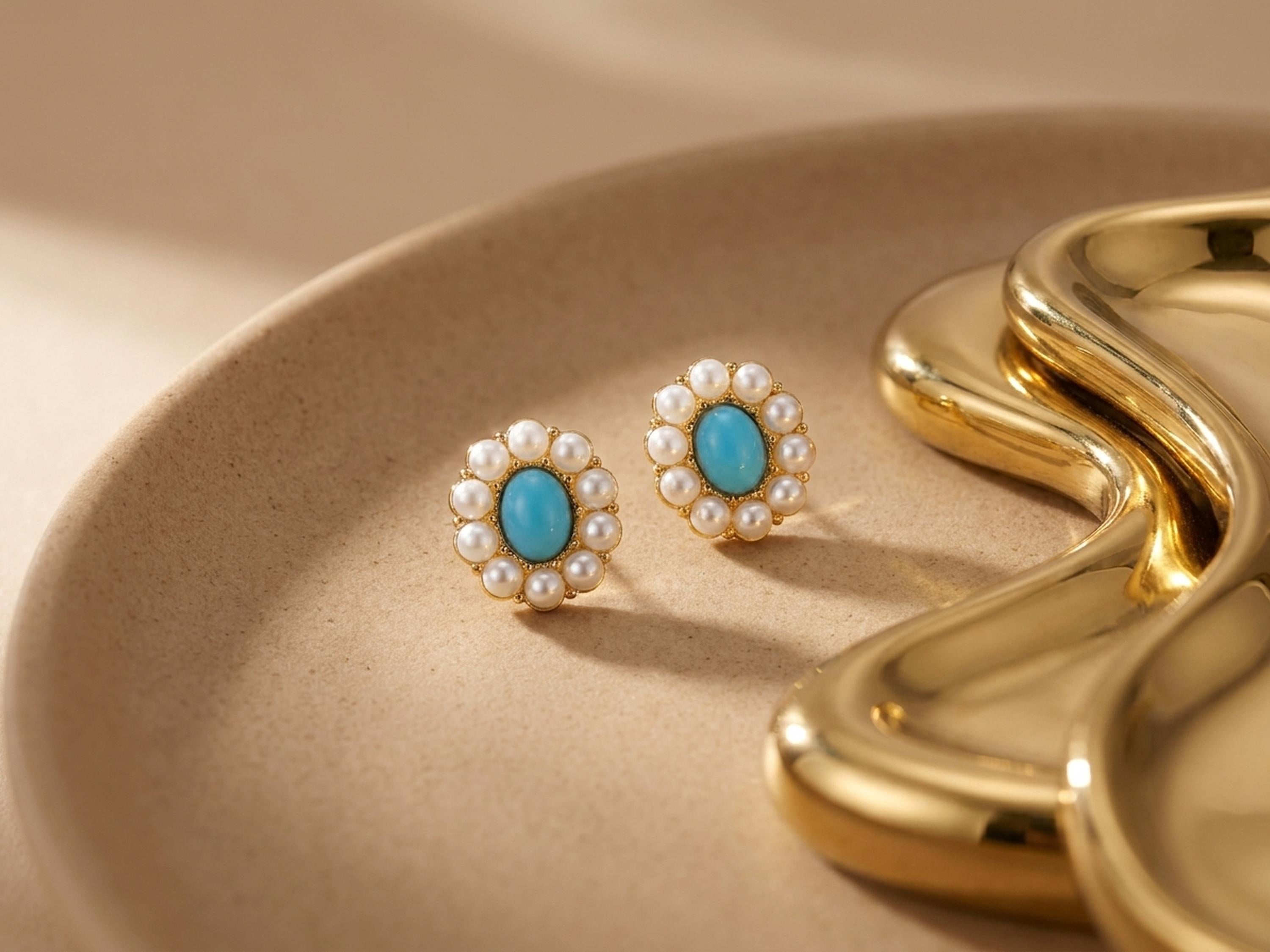 Turquoise Blue Stone Pearl Stud Earrings - Vintage Floral Cluster, Gold Tone Statement Gift