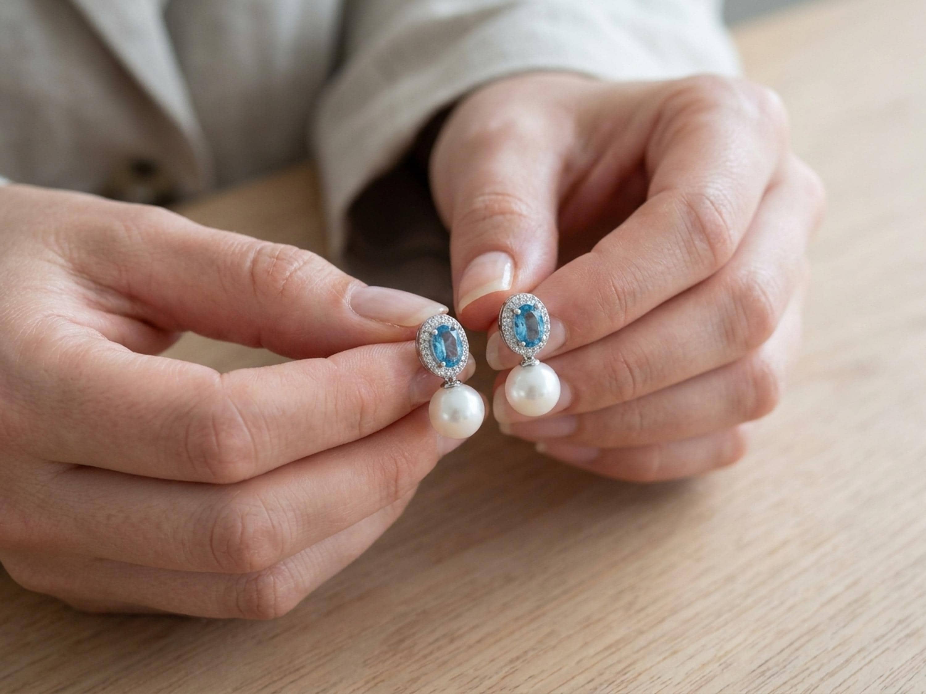 Hands holding matching blue oval cubic zirconia and white pearl drop earrings