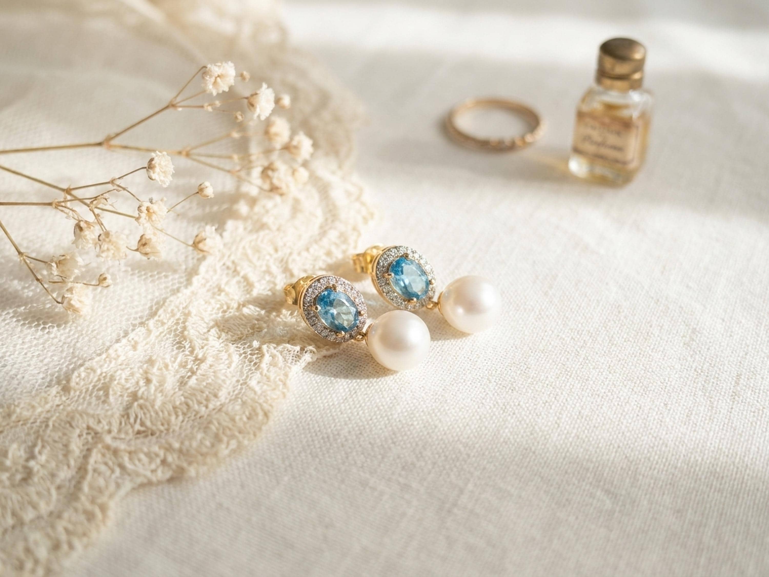 Vintage blue cubic zirconia pearl earrings styled with lace and a perfume bottle