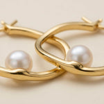 Freshwater Pearl Hoop Earrings, 14K Gold Plated Silver, Twisted Oval Bridal Earrings