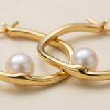 Freshwater Pearl Hoop Earrings, 14K Gold Plated Silver, Twisted Oval Bridal Earrings