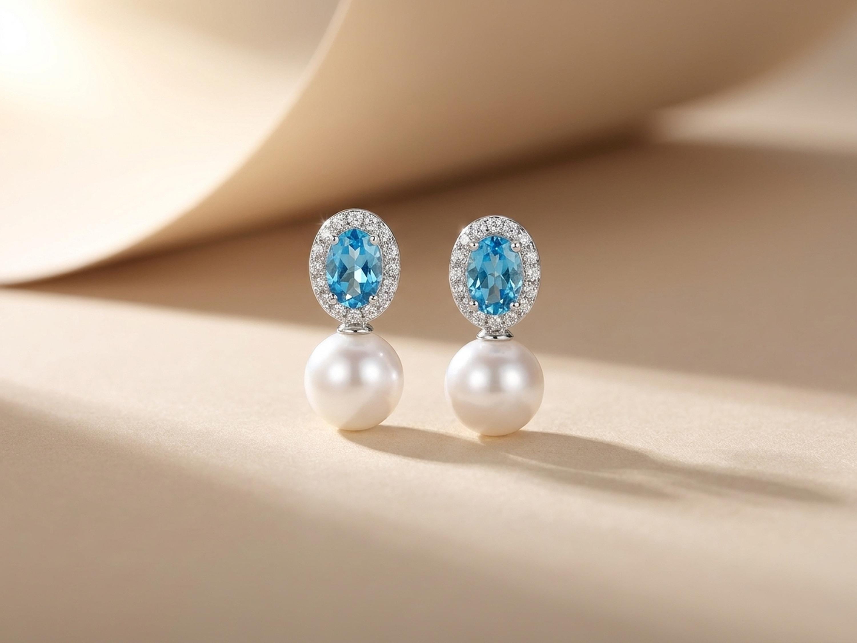 Blue cubic zirconia and white pearl drop earrings standing on a neutral beige background