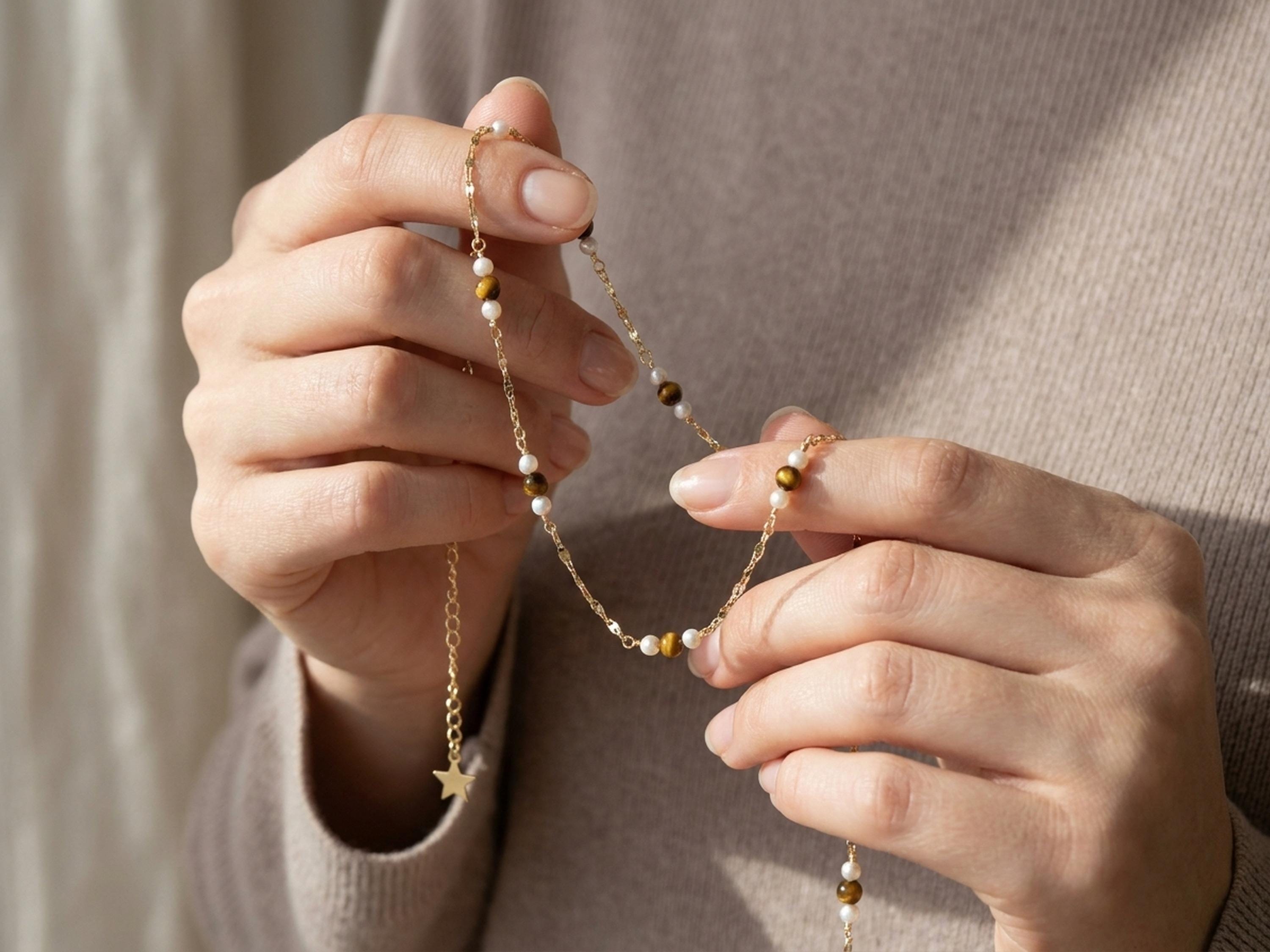 Pearl necklace listing image - Soft editorial hands shot