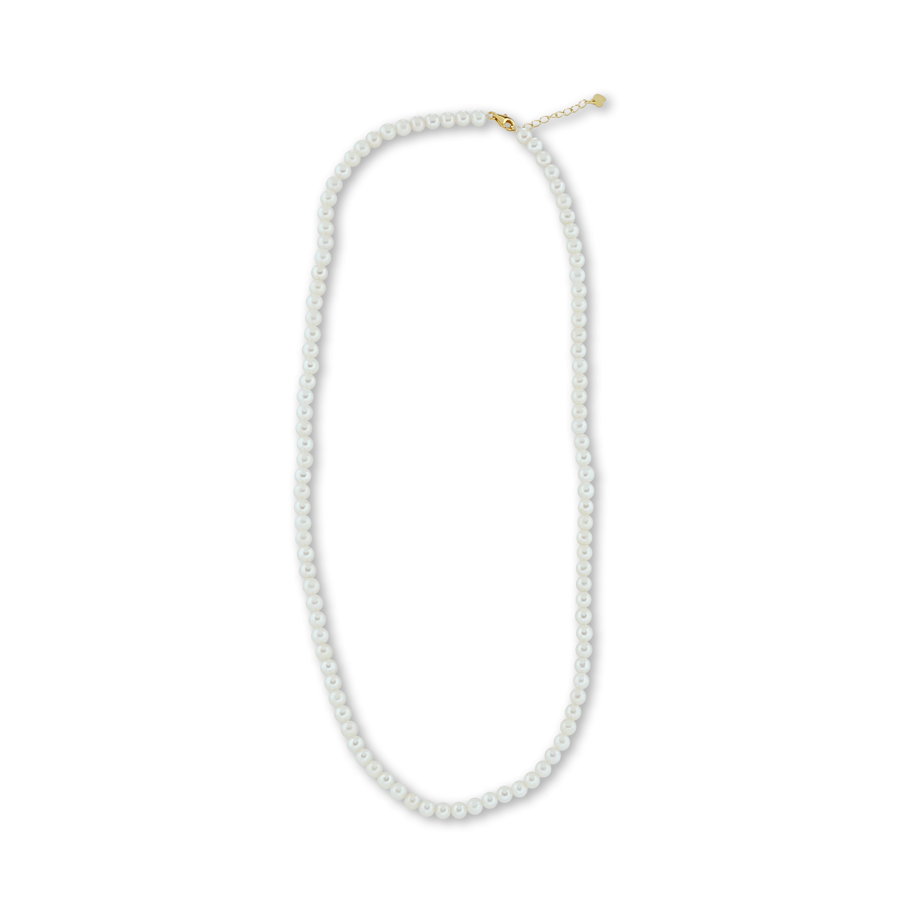 A white freshwater pearl necklace with a gold-colored clasp and extender.
