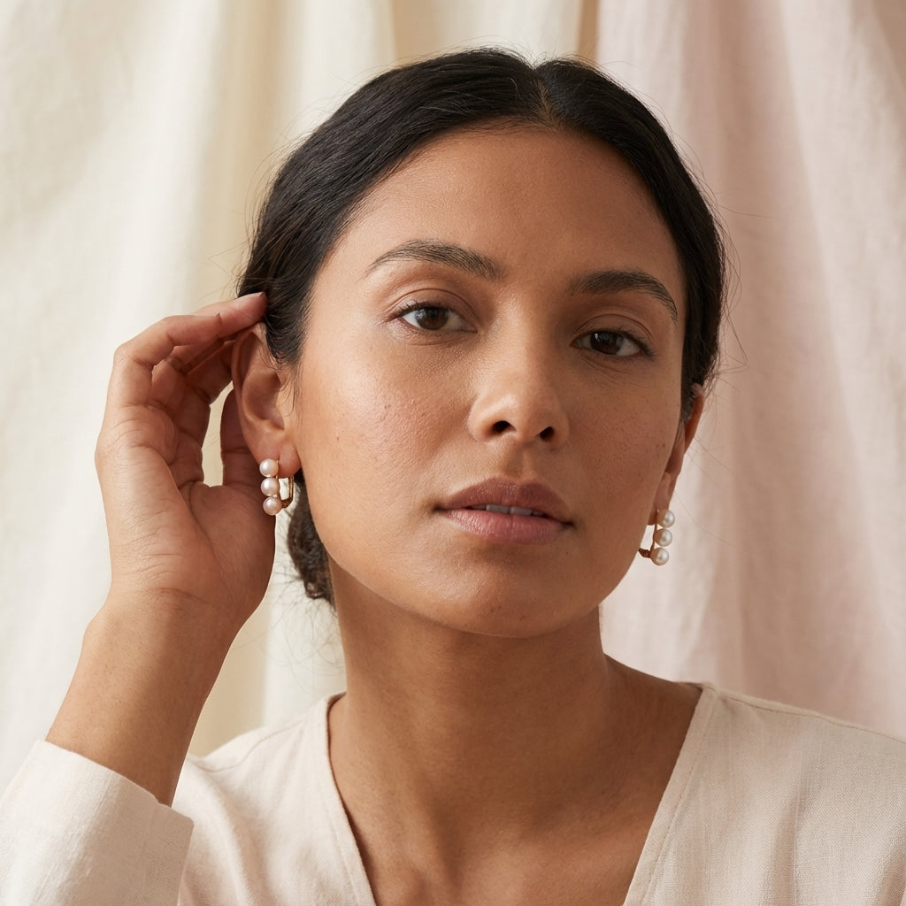 A model wears Caellia 14K gold hoop earrings featuring three small freshwater pearls.