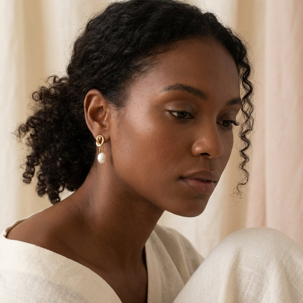 A model wears Caellia 14K gold twist knot earrings featuring a dangling freshwater pearl.