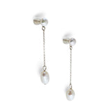 Freshwater pearl drop chain dangling earrings with a stud and an oval pearl.