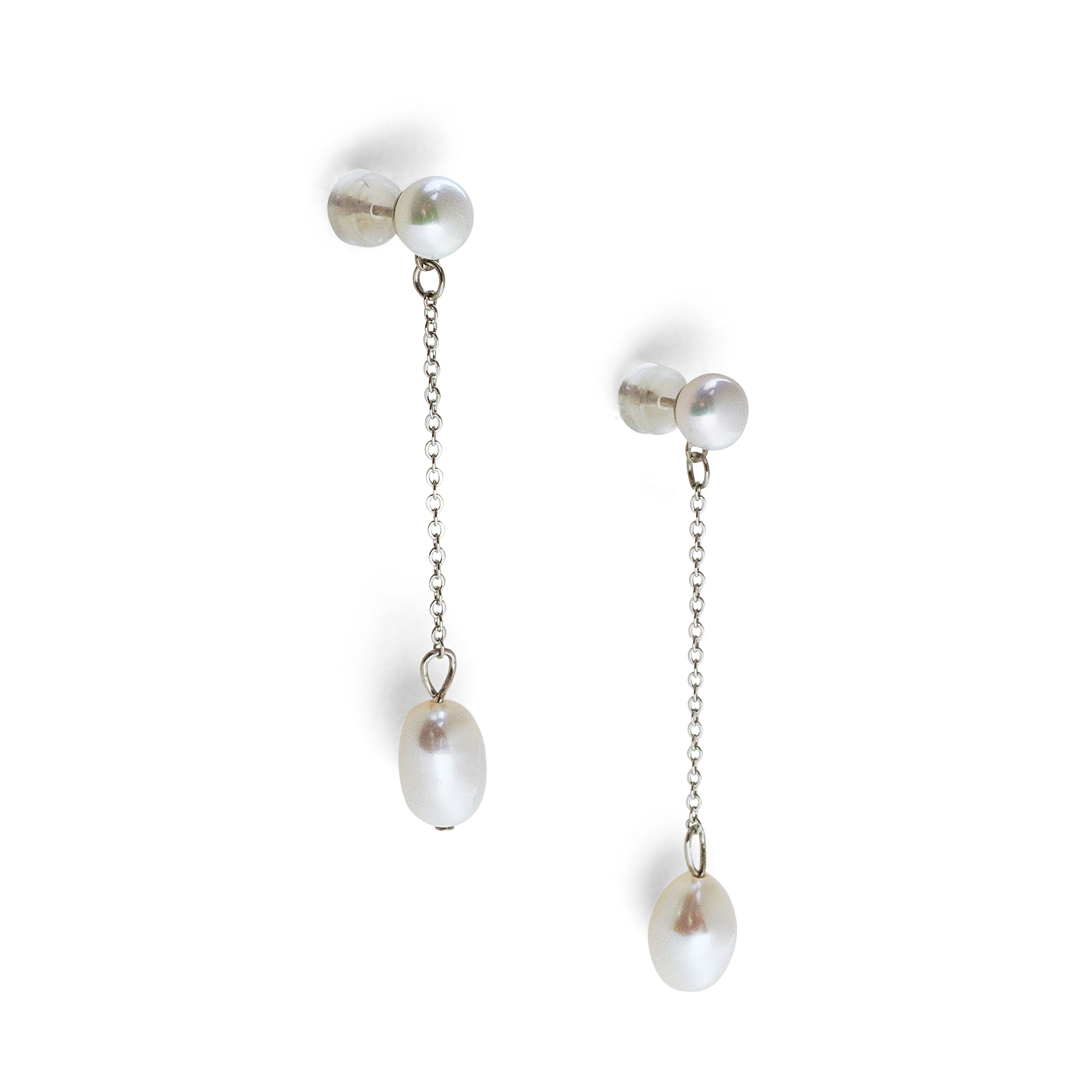 Freshwater pearl drop chain dangling earrings with a stud and an oval pearl.