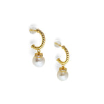 Two gold-plated half hoop earrings with dangling white pearls and diamond accents.