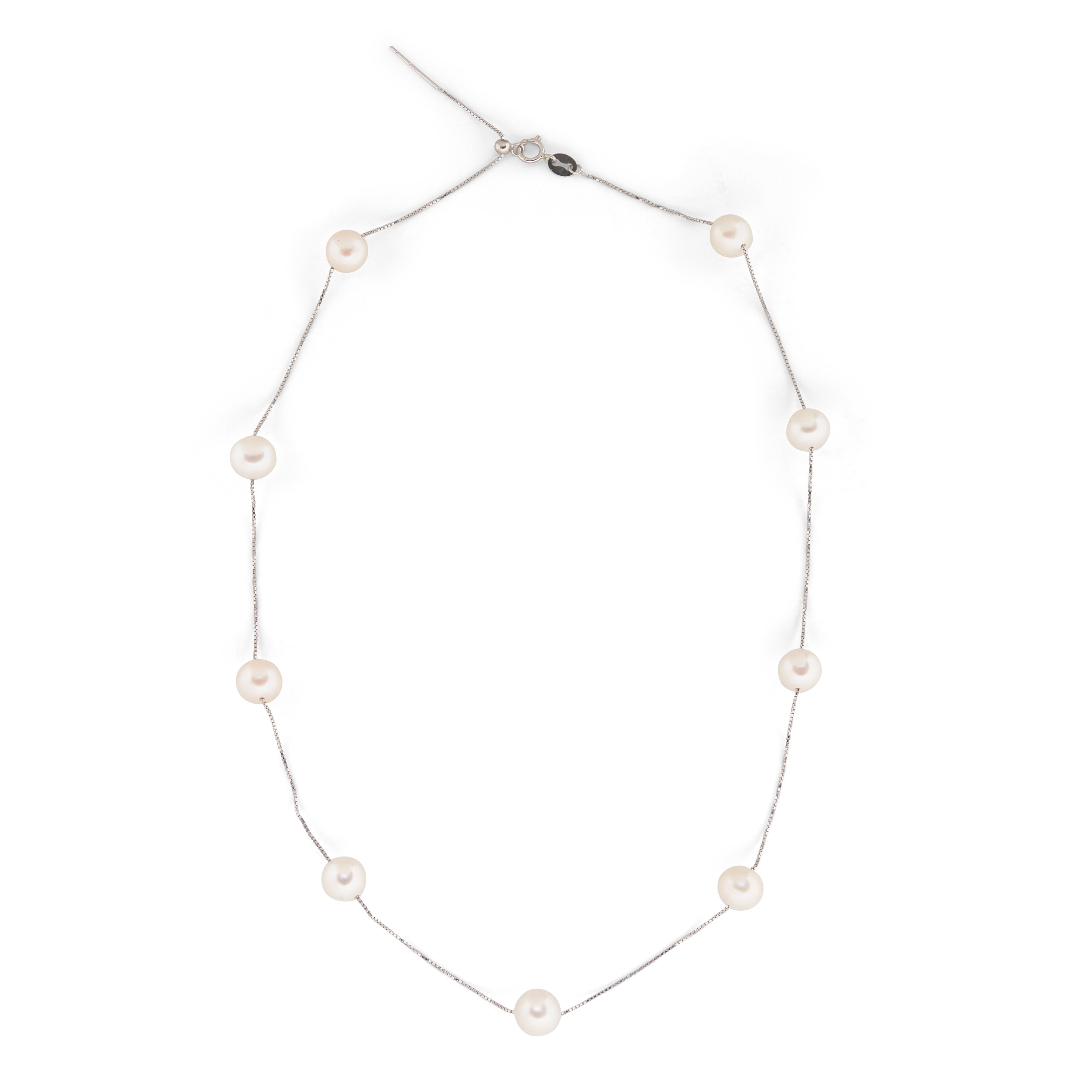 A dainty pearl necklace with a 14K gold-plated chain and eleven pearls.