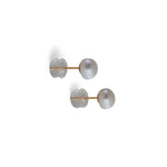 Two pearl stud earrings with gold posts and clear backings are shown on a white background.