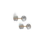 Two pearl stud earrings with gold posts and clear backings are shown on a white background.